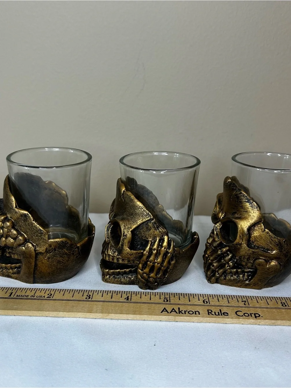 Gold-Tone Skull Candle Holders - See, Hear, & Speak No Evil.